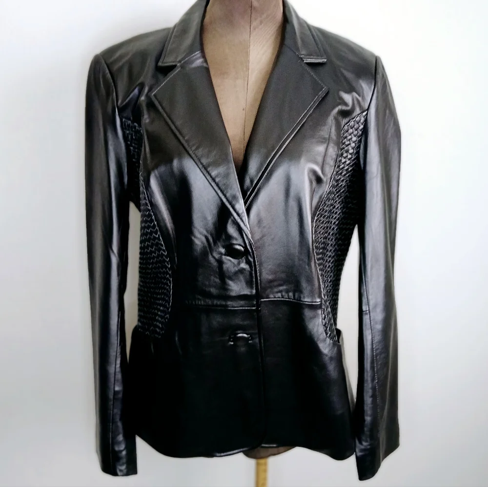 Sharif Studio Blazer Jacket Womens Size Medium Black Leather Weave Detail Biker
